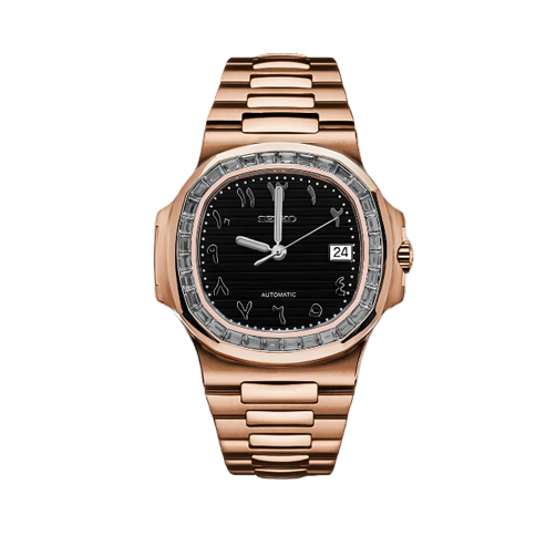 Seiko Mod - Nautilus Mod Diamond Rose Gold - Black Arabic Watch