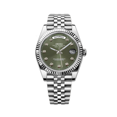 DayDate Seiko Mod Silver - Olive Green Diamond Dial