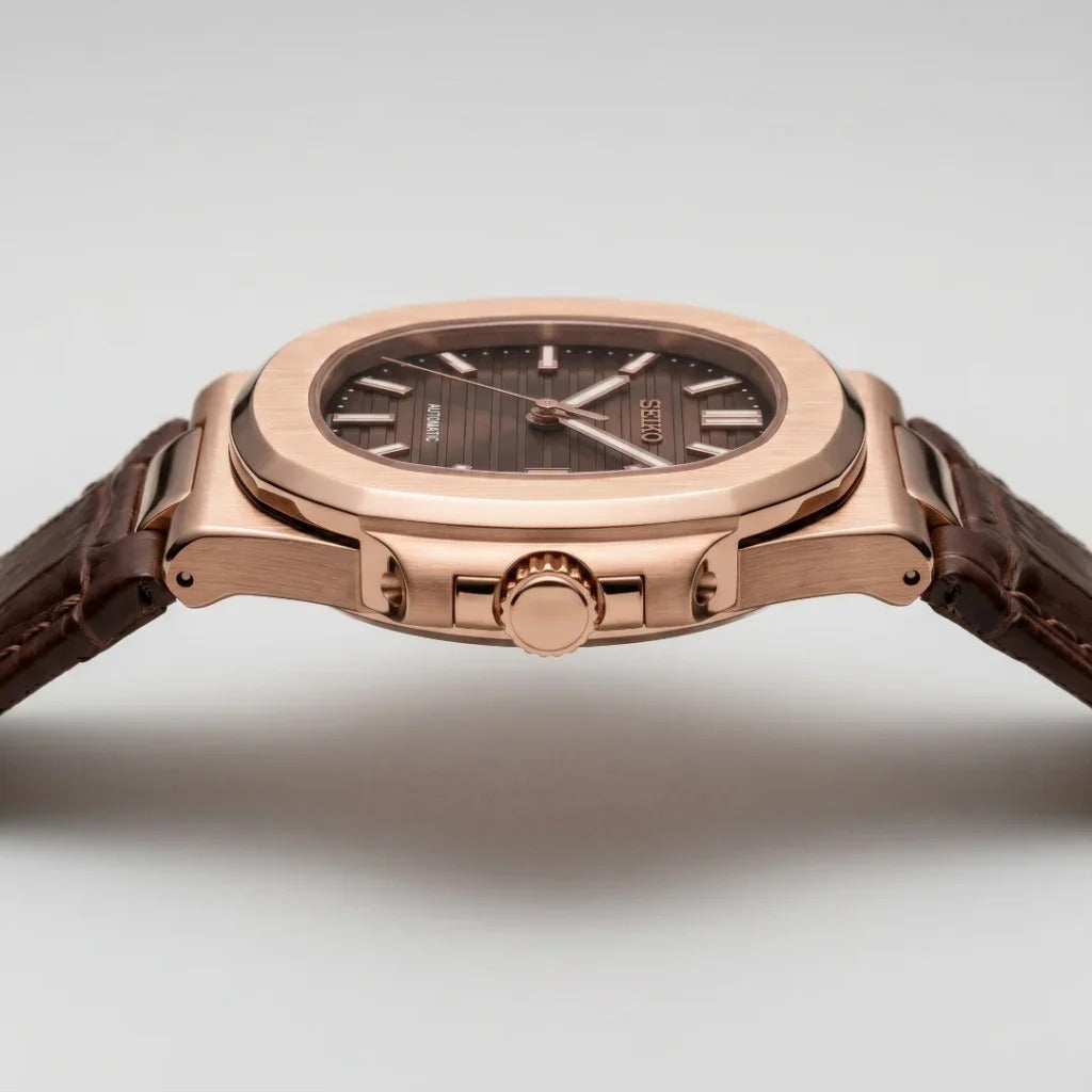 Seiko Mod | Nautilus Leather Triple Rose Open Heart