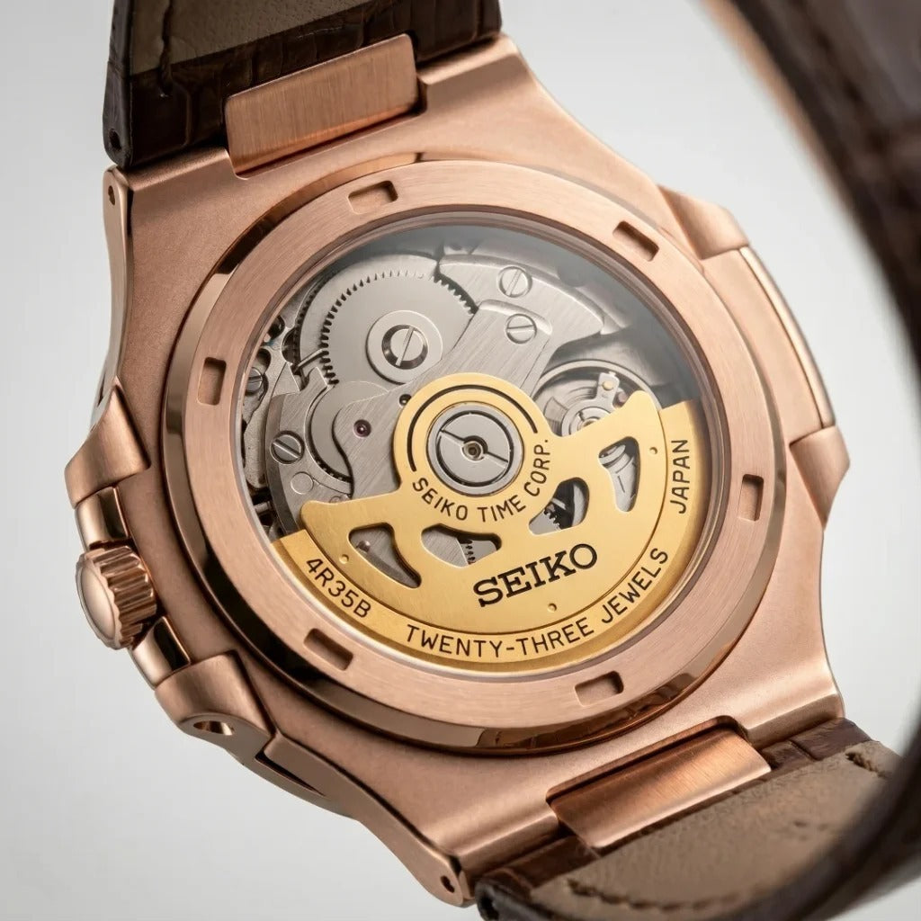 Seiko Mod | Nautilus Leather Triple Rose Open Heart
