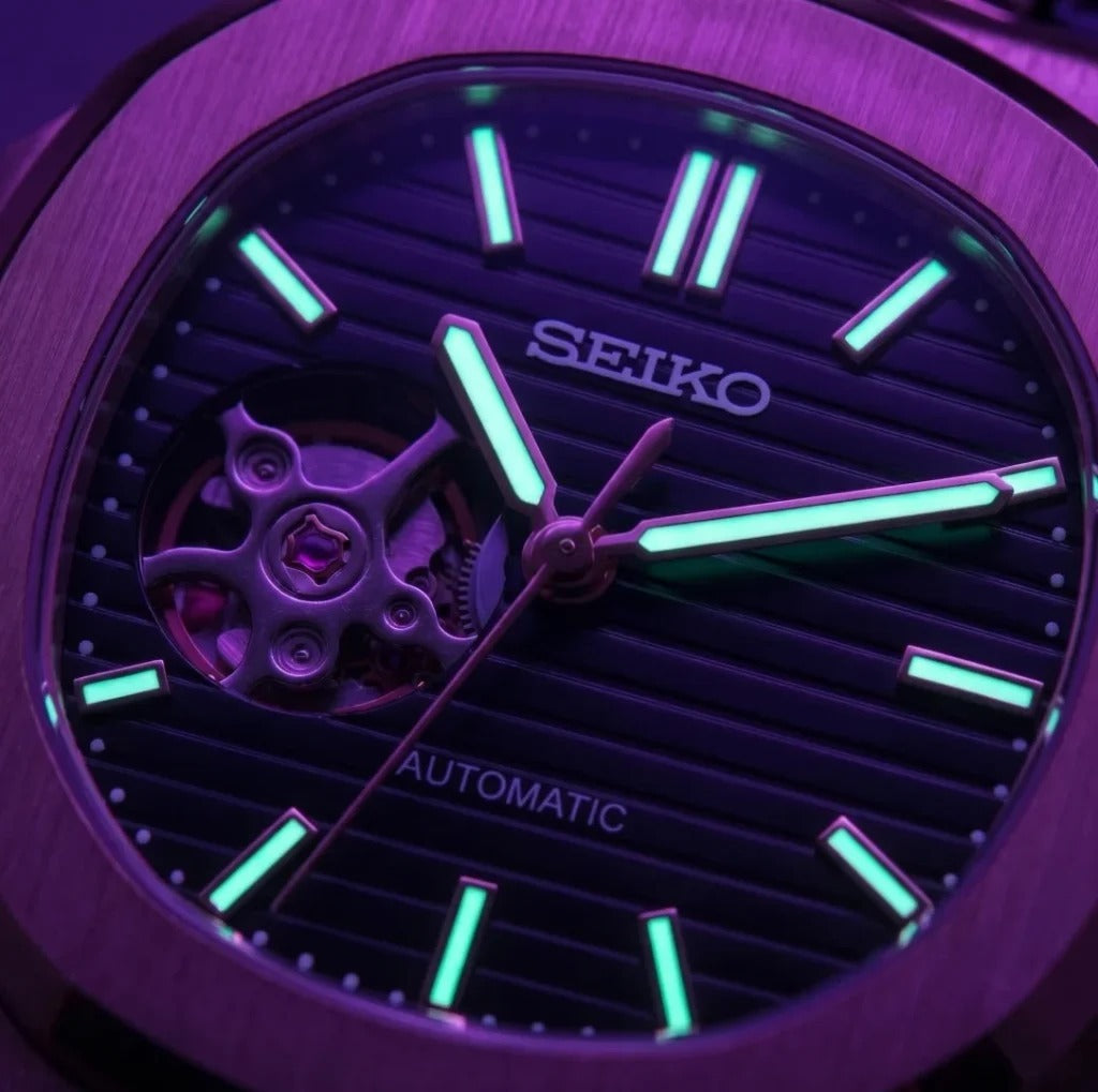 Seiko Mod | Nautilus Black Leather Rose Open Heart