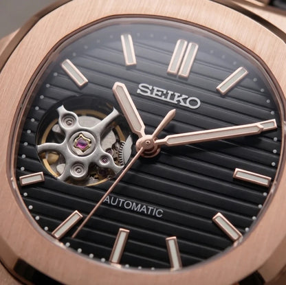 Seiko Mod | Nautilus Black Leather Rose Open Heart