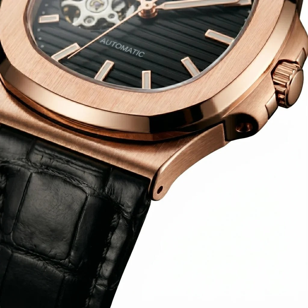 Seiko Mod | Nautilus Black Leather Rose Open Heart
