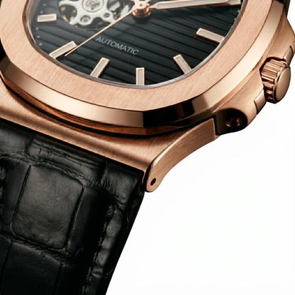 Seiko Mod | Nautilus Black Leather Rose Open Heart