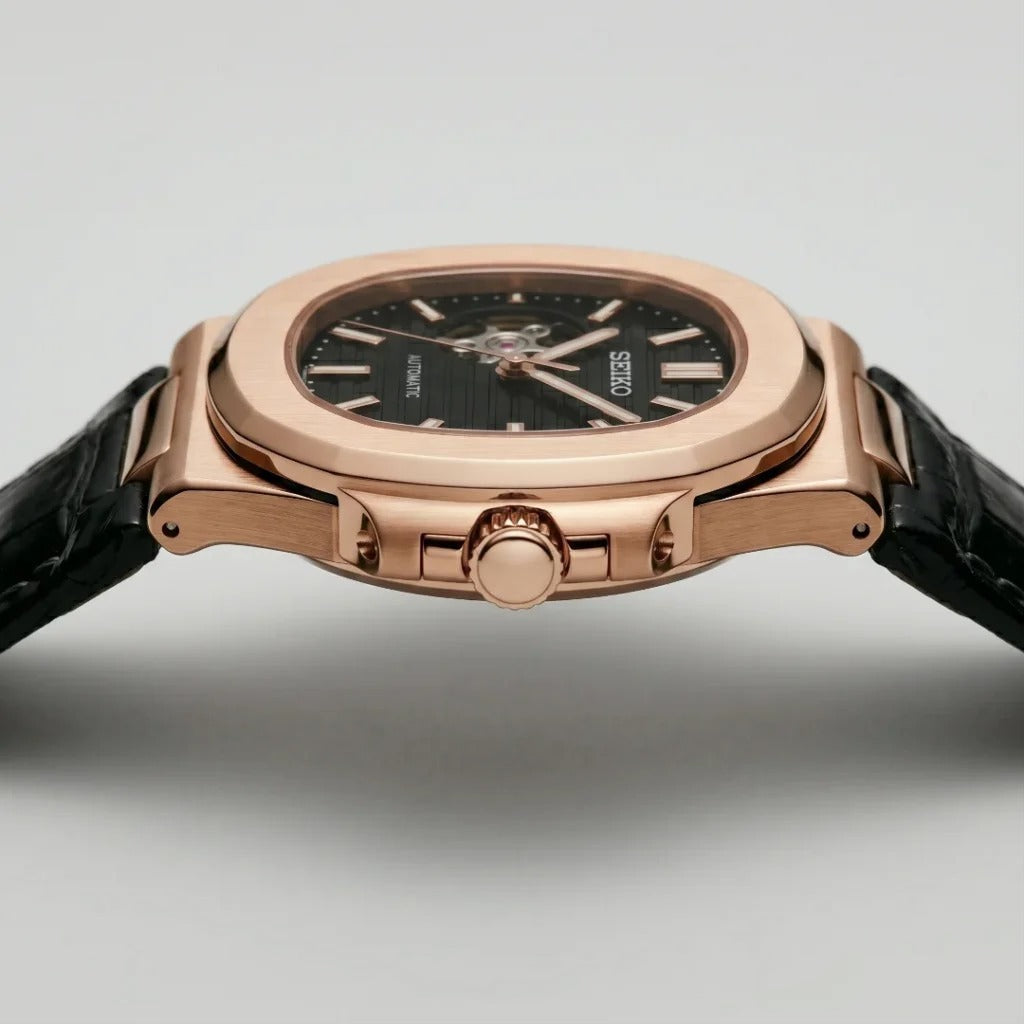 Seiko Mod | Nautilus Black Leather Rose Open Heart