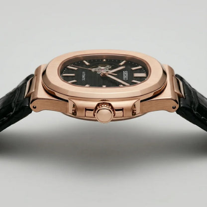 Seiko Mod | Nautilus Black Leather Rose Open Heart
