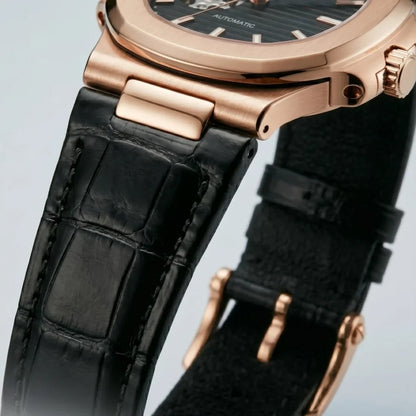 Seiko Mod | Nautilus Black Leather Rose Open Heart