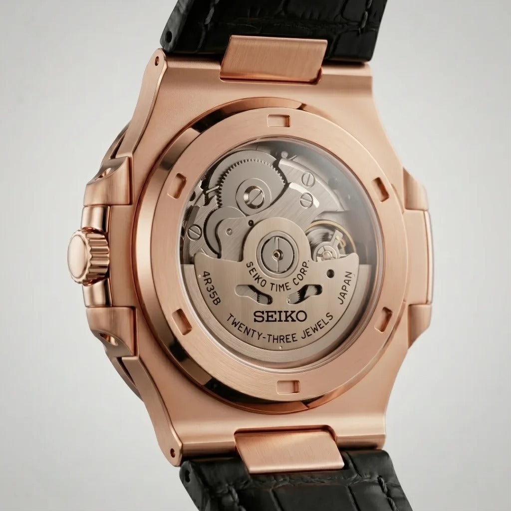 Seiko Mod | Nautilus Black Leather Rose Open Heart