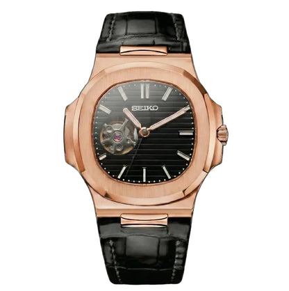 Seiko Mod | Nautilus Black Leather Rose Open Heart